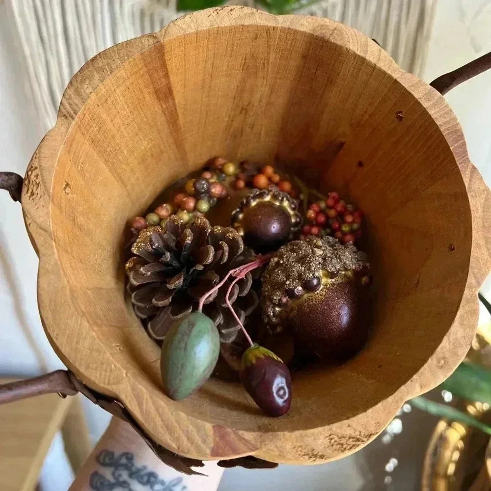 Pier 1 Rustic Wooden Pumpkin Bowl with Metal Leaf Accents – 5” x 5” - Picture 4 of 5